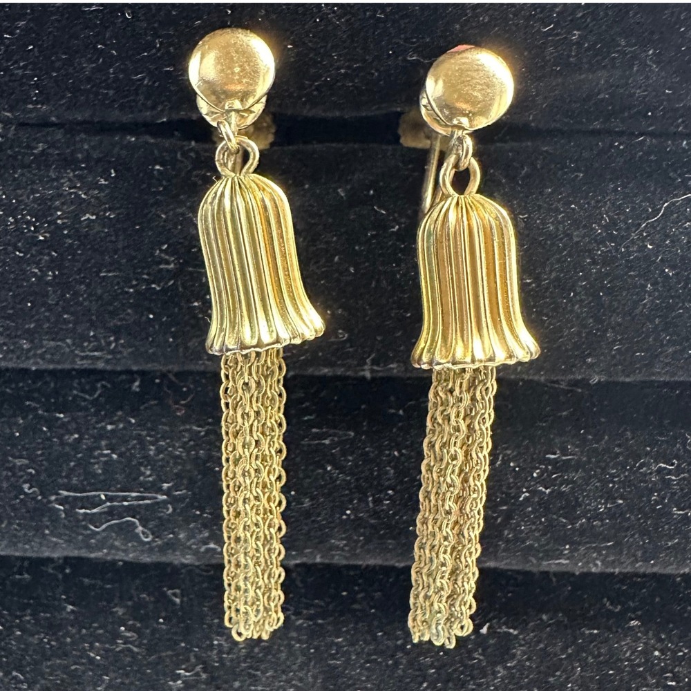 Vintage GF 1/20 12K Gold Filled Tassel Bell Dangle Earrings MCM Retro Bead Chain